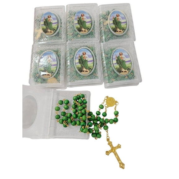 12 PC Saint St. Jude Baptism Party Favors in Glass Bottle Jar Green Bead Rosaries Recuerdos Bautizo Catholic Crucifix Necklace