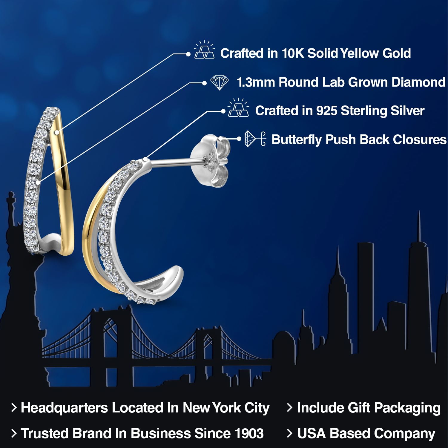 Gem Stone King 925 Sterling Silver and 10K Yellow Gold White Lab Grown Diamond Split Hoop Huggie Earrings for Women | Gemstone April Birthstone | 16MM = 5/8 inch | 0.28 Cttw