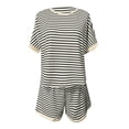 thumbnail image 5 of Letdown 2 Piece Sets for Women Summer Crew Neck Lounge Stripe Shorts Sets Cap Sleeve Lounge Spring Beach Airport Travel Vacation Outfits Matching Sweatsuit, 5 of 5