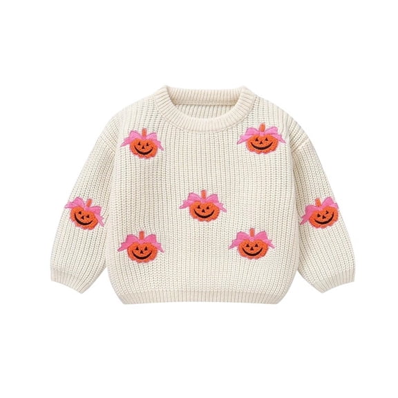 HNMKIU Girls Sweaters Halloween Pumpkin Embroidery Knit Top Toddlers Soft Comfortable Fall Winter Casual Outfit,18-24 Months