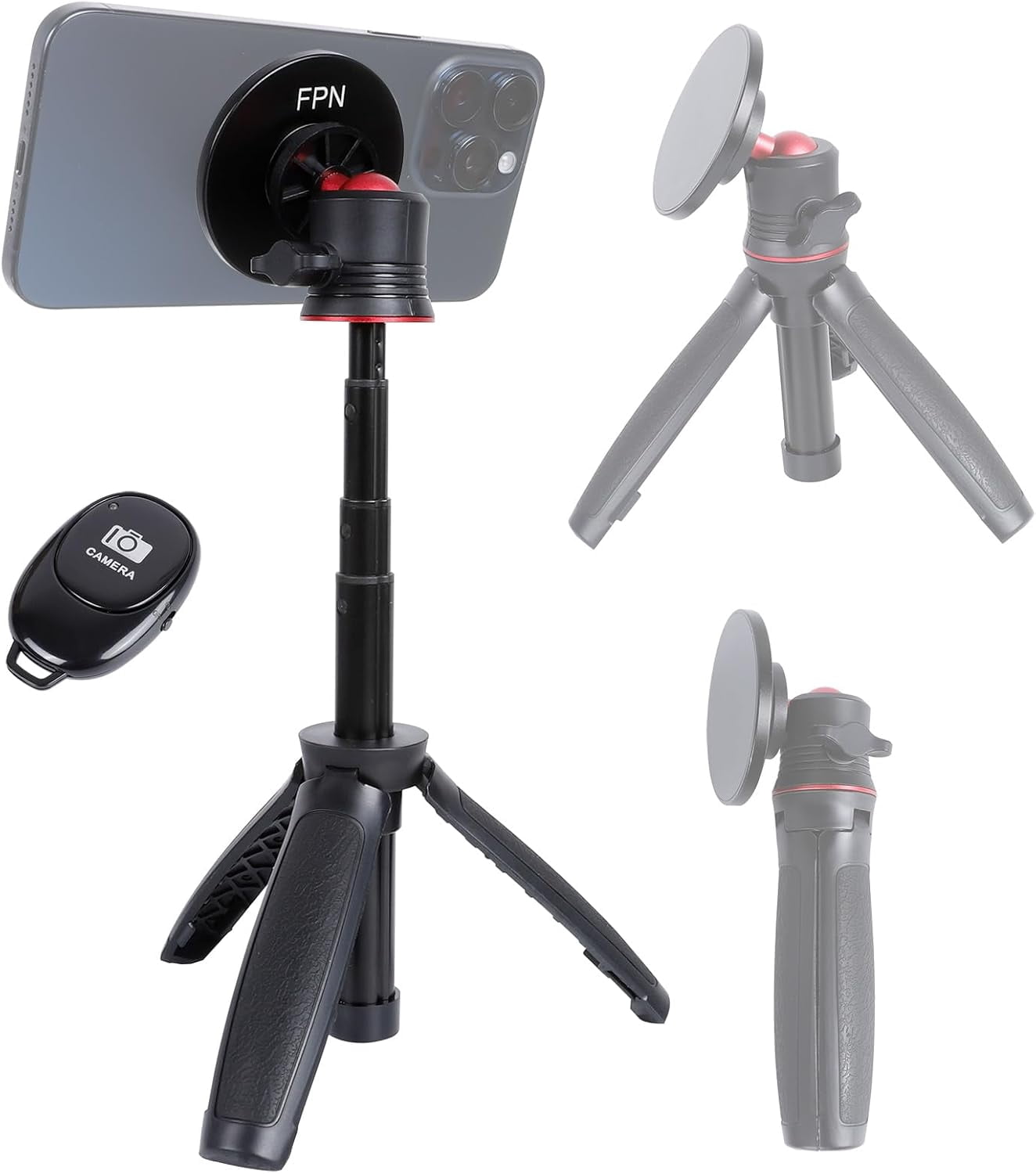 RGHJAR-Magnetic Cell Phone Tripod for MagSafe, Mini Extendable Selfie Stick and Tripod Stand with 360° Ball Head, Compatible with iPhone 16 15 Pro Max Plus 14 13 12 Series