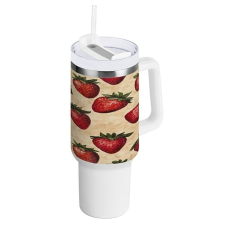

40 Oz Car Handle Water Bottle 10.8x3.85 Inch Handle And Straw Travel Water Bottle Reusable Stainless Steel Water Bottle Lovely Strawberries