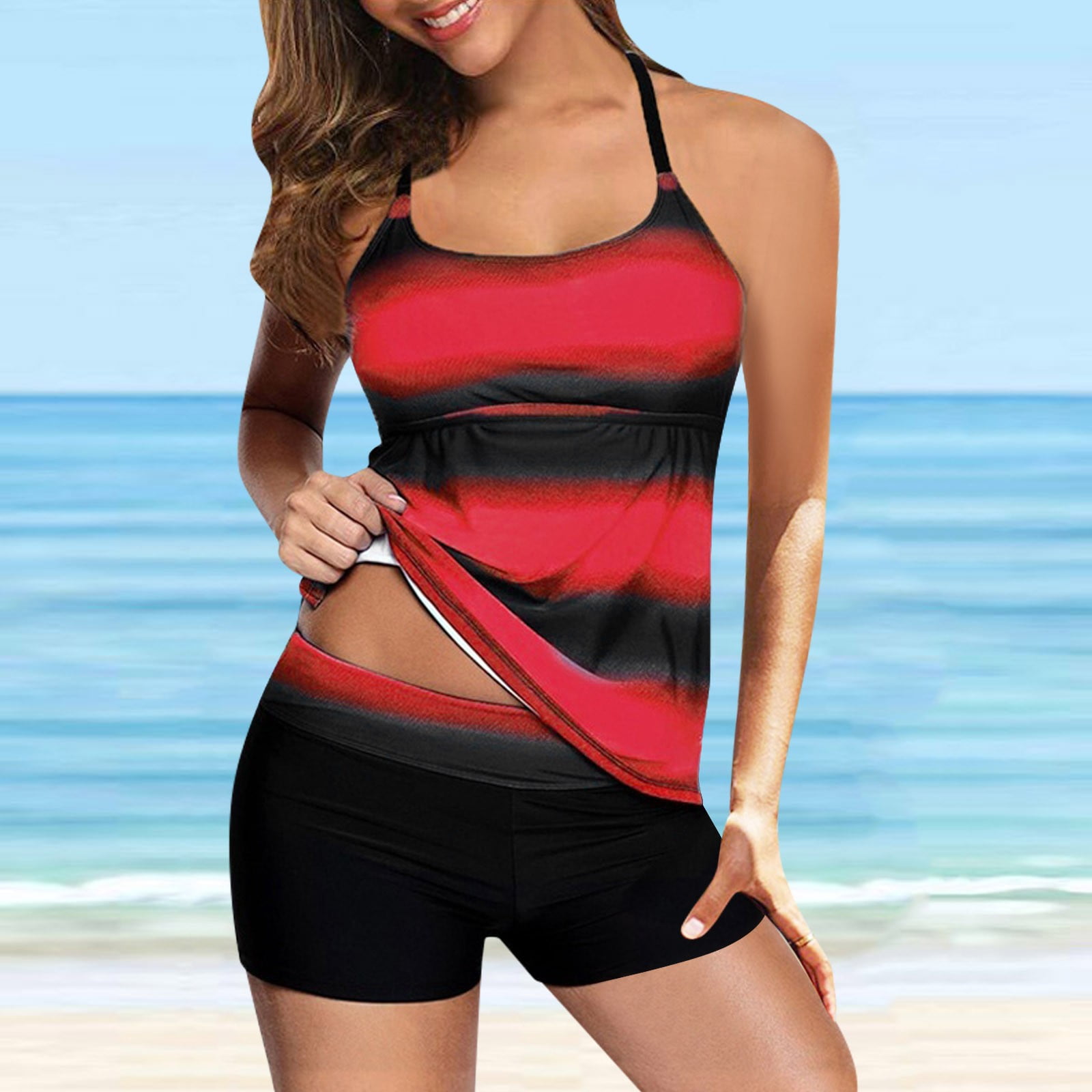 Swimsuit for Women,Womens Plus Size Print Strappy Back Tankini with Boyshorts Two Piece Swimsuits Beachwear