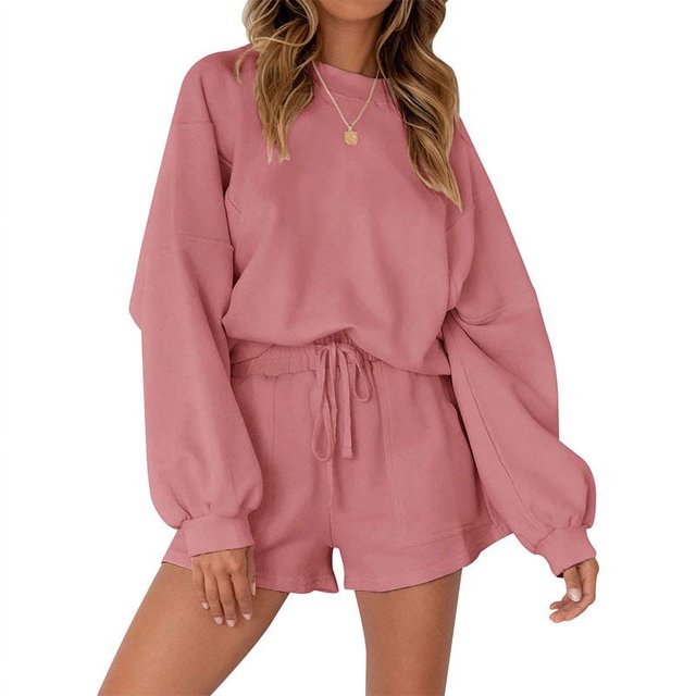 Faithtur Women´s Summer Loungewear Set, Solid Color Long Sleeve Round Neck Tops + Drawstring Shorts 2 Pieces Loose Sleepwear