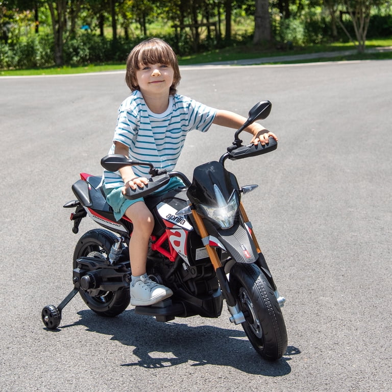 12V Kids Electric Motorcycle - Licensed Aprilia RSV4, Up To 5 MPH, LED Lights, Music, Removable Training Wheels