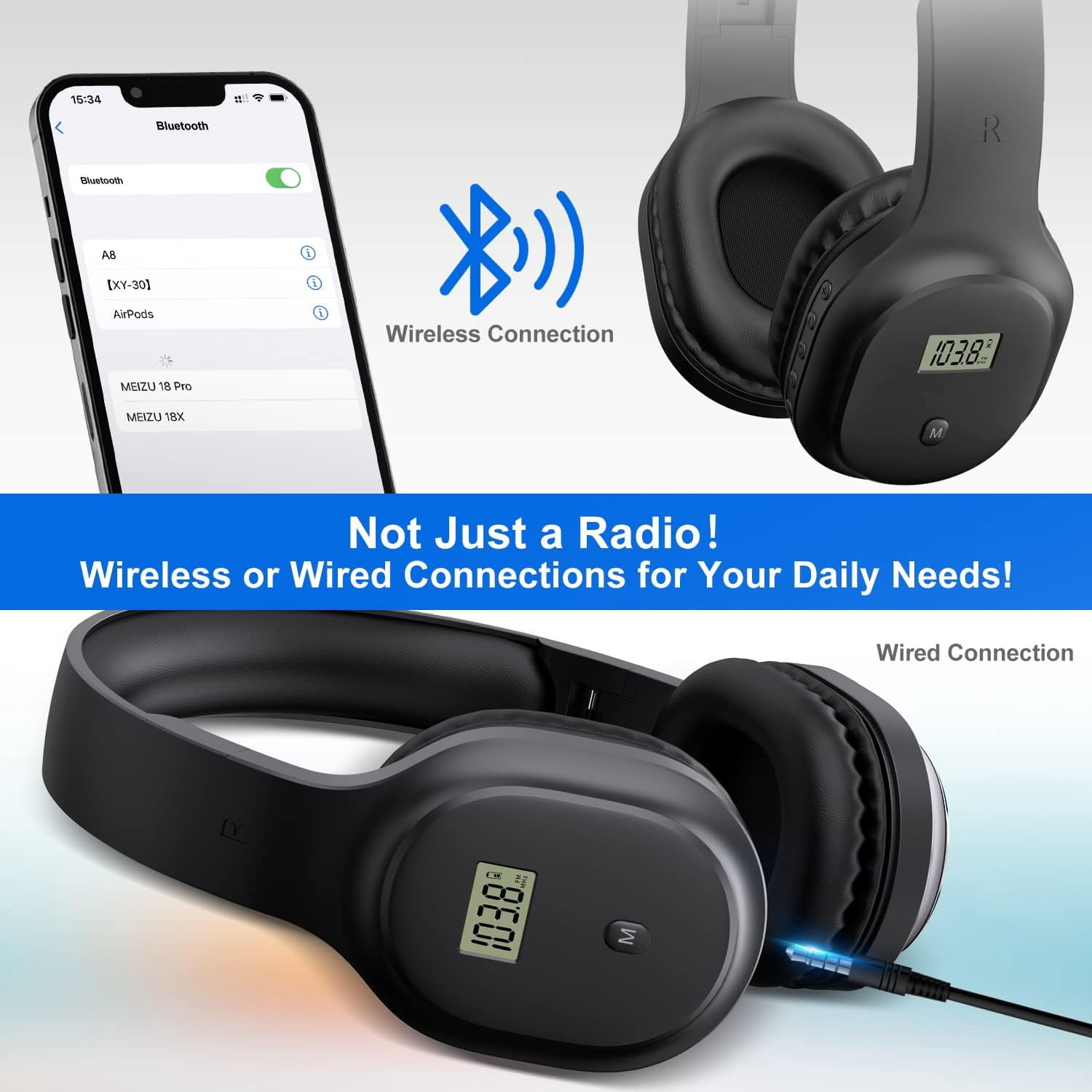 FM Radio Headphones with Bluetooth, Rechargeable Portable Headset with Built-in Microphone, Lightweight and Comfortable Ear Muffs for Jogging, Cycling