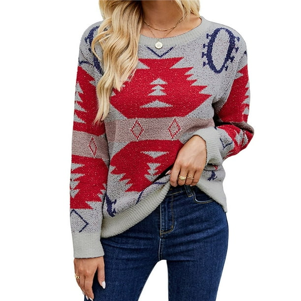 Suéter de Larga con Cuello Redondo para Mujer, Moda Otoño-Invierno, Jersey de Jacquard con Contraste de Colores, Suéter Navideño Gris M