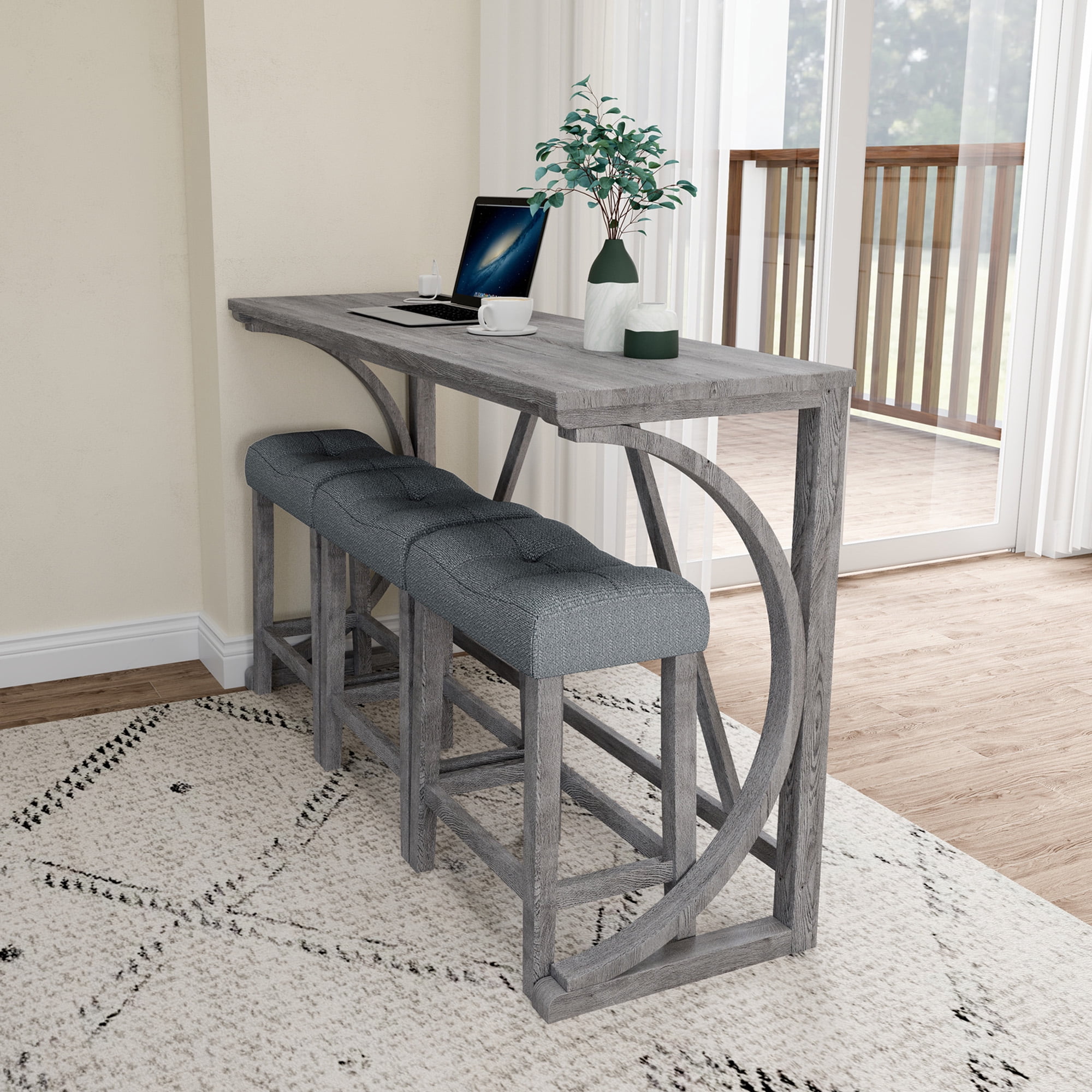 Yoneston Bar Table Stool Set with Power Outlet, 4 Piece Dining Table with Chairs Set, Industrial Breakfast Table Set for Living Room, Dining Room, Game Room, Gray