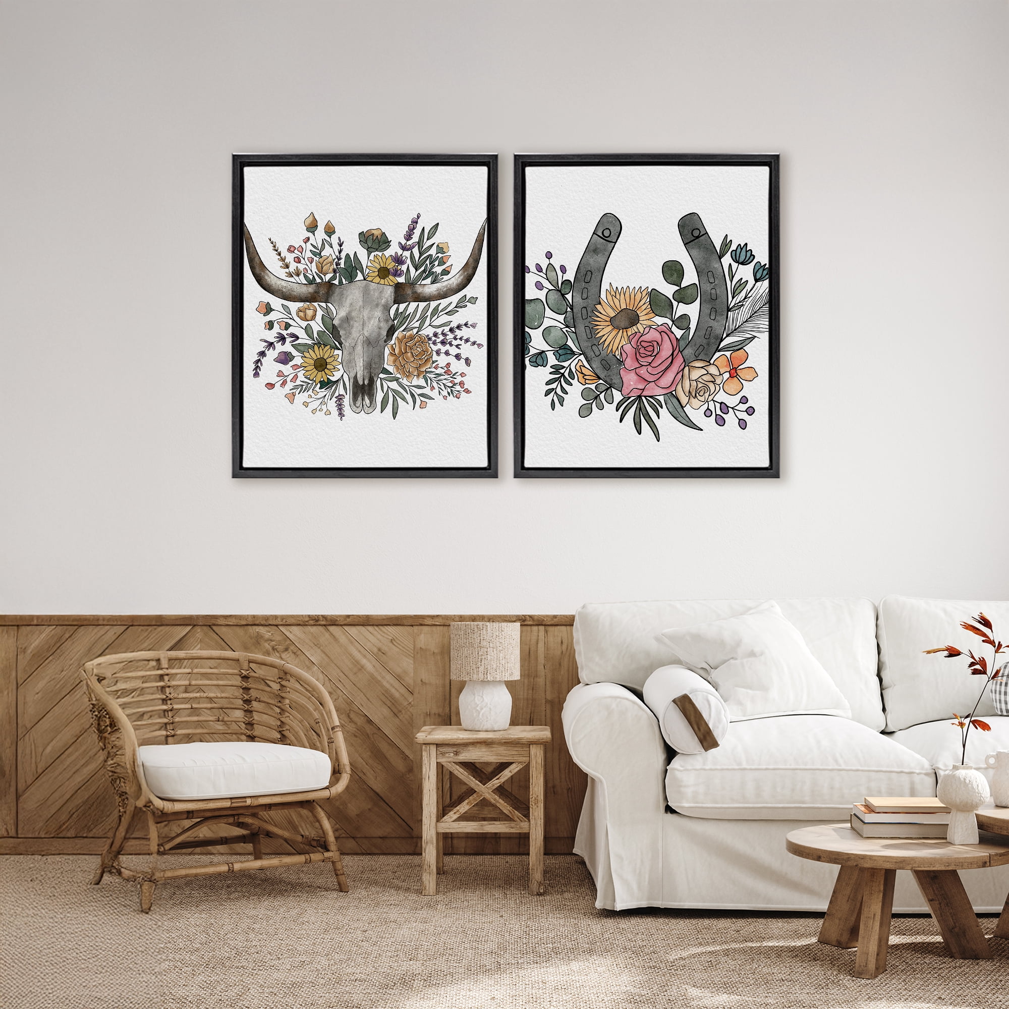 Stupell Industries Boho Longhorn & Horseshoe 2 Piece Black Framed Floater Canvas Set, design by Alisha Kiara Design