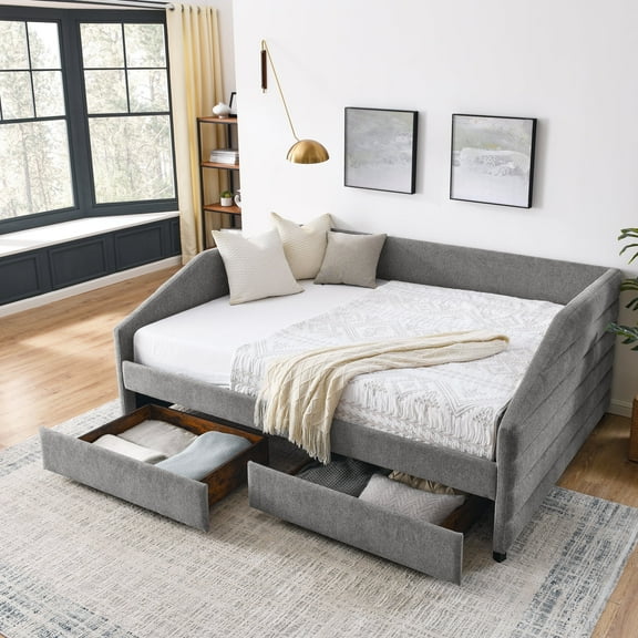 Kumix Queen Daybed with Drawers, Upholstered Sofa Bed with Channel Tufted Backrest for Teens Adults, Linen Fabric Daybed for Bedroom, Daybed Frame with Wood Slats Supports, Grey