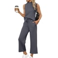 thumbnail image 2 of Summer Travel Lounge Sets for Women 2 Piece Mock Neck Top and Wide Leg Crop Pants Casual Vacation Matching Outfit 2026 Dark Gray XL, 2 of 7