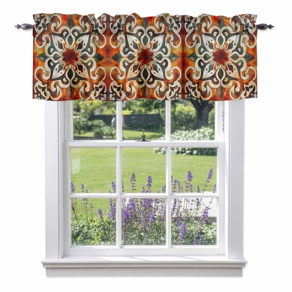 Burnt Orange Green Kitchen Curtain Valances for Windows Farmhouse Short Curtains, Vintage Abstract Flowers Rod Pocket Valance Curtain for Bedroom Cafe Living Room 42"x12"