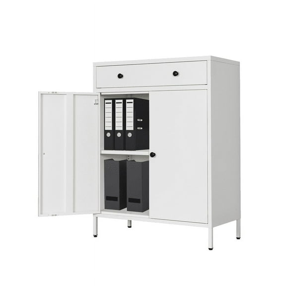 Metal Storage Cabinet, Multipurpose Storage Cabinet and 1 Drawer, 2-Tier Office Cabinet for Home, Living Room, Gym, Apartment (White)