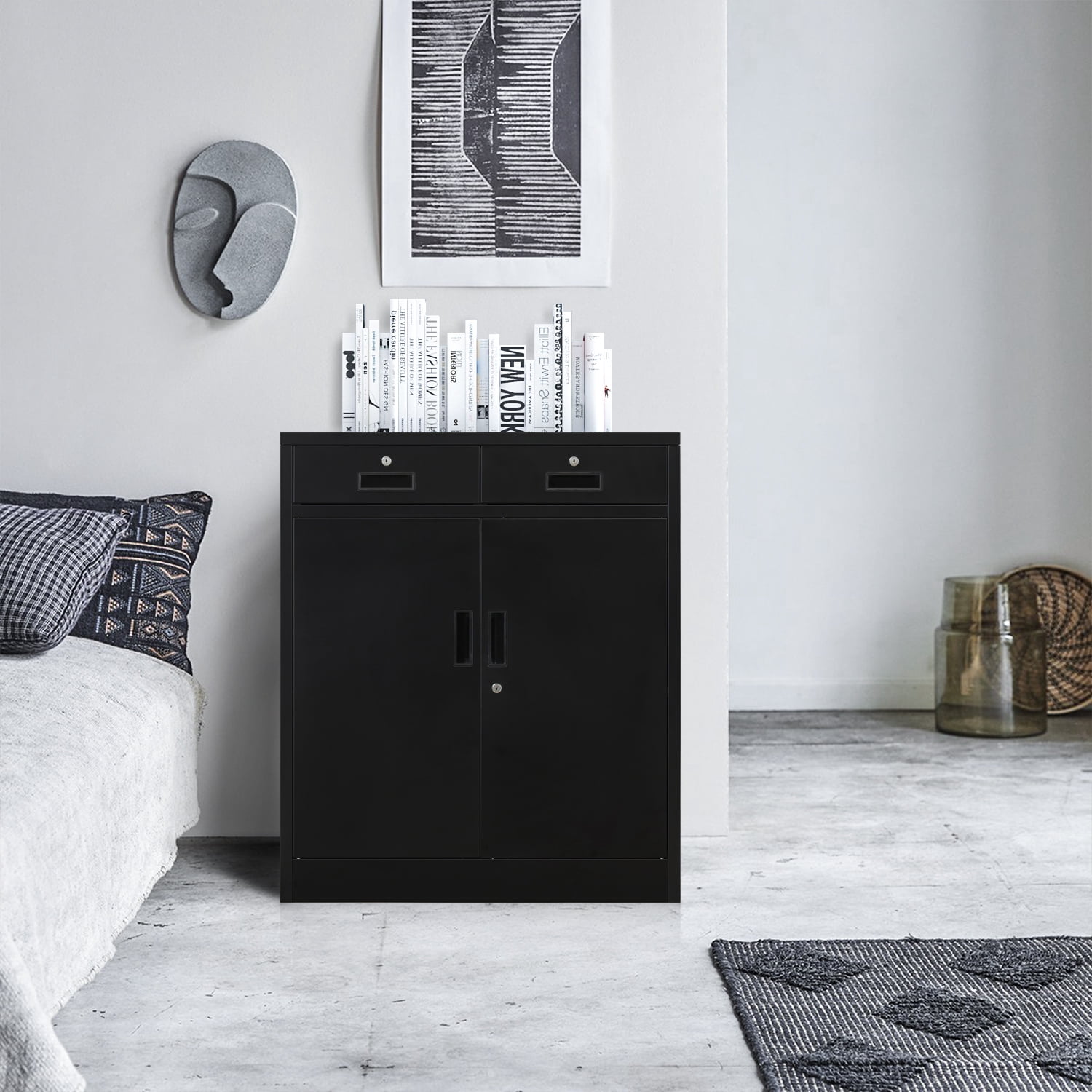 Metal Storage Cabinet with 2 drawers. Lockable Steel Storage Cabinet with Doors and Shelve, 37”H Office Cabinet for Home, Garage, Warehouse with large storage space. (Black)