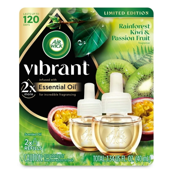 Air Wick Vibrant Plug-In Scented Oil Air Freshener Warmer Refills, Rainforest Kiwi and Passion Fruit, 2 Count