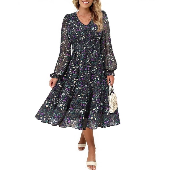 CASSIE LIZ Plus Size Dresses for Women Navy Blue Floral Long Sleeve Dress V Neck Smocked Waist Tiered A Line Midi Dress with Pockets Size XL