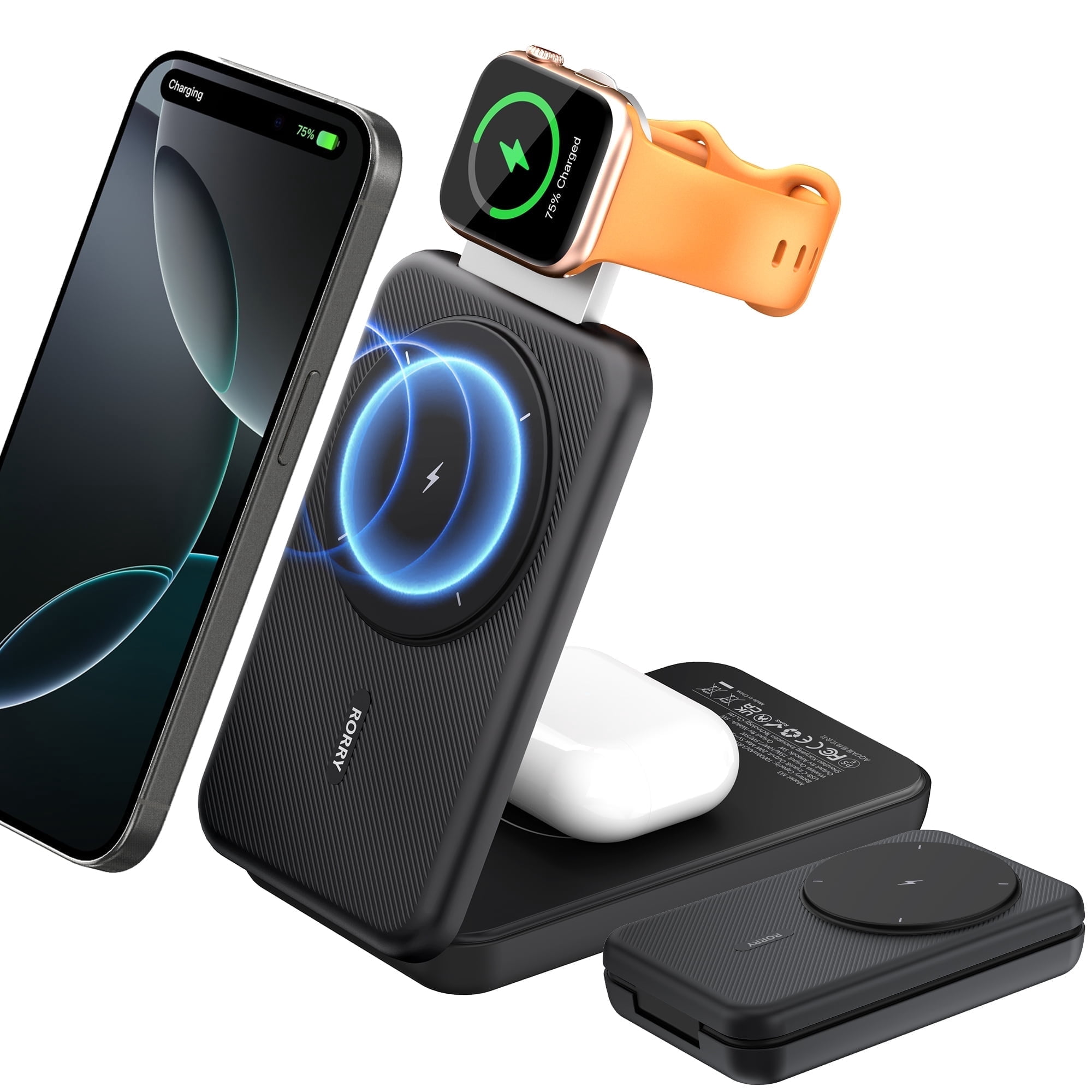 RORRY Magnetic Portable Chrager , 10000mAh Power Bank 3-in-1  Wireless Charger, Foldable Battery Pack for iPhone, Apple Watch, AirPods, Samsung,Black