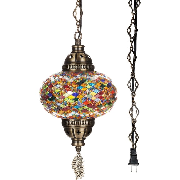 Authentic Turkish Mosaic Plug-in Swag Pendant Light Fixture, Large 6.5" Globe – Moroccan Hanging Ceiling Lamp - 15ft Cord & Chain, US/CA Plug, Exotic Mediterranean Decor, Handmade