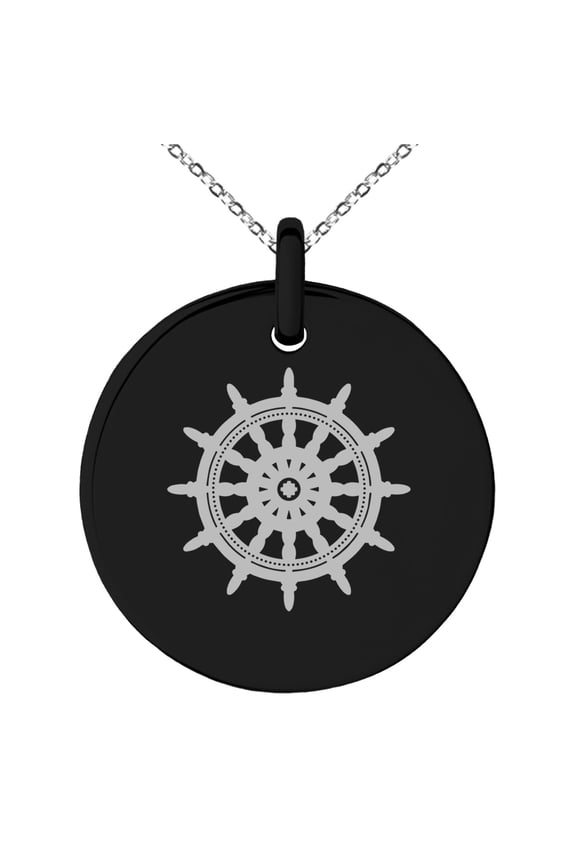Stainless Steel Nautical Ship Helm Wheel Engraved Small Medallion Circle Charm Pendant Necklace