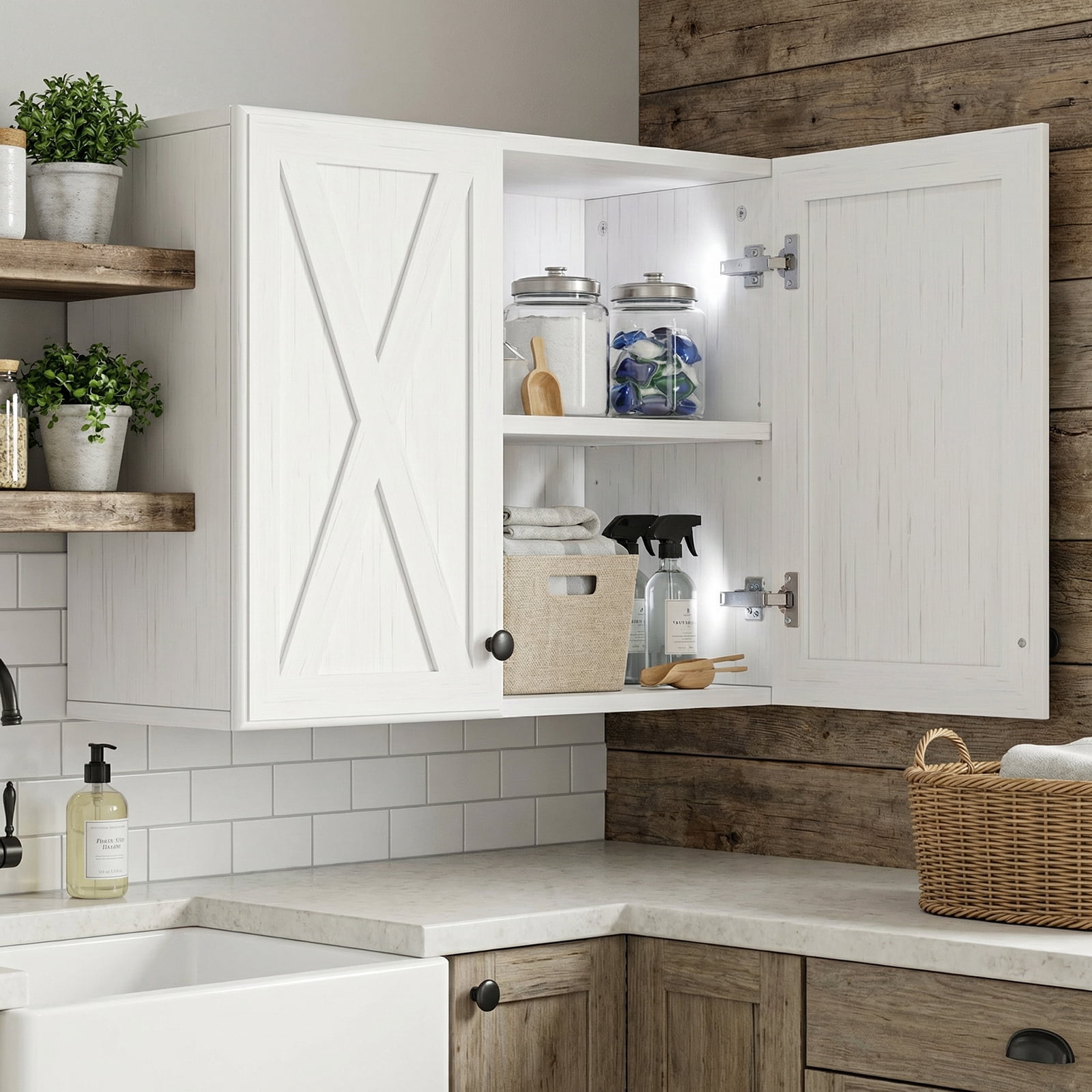 30" W Laundry Room Wall Cabinets, Farmhouse Wall Cabinet with Adjustable Shelf, Wall Mounted Storage Cabinet, Floating Cabinet for Bathroom, Kitchen
