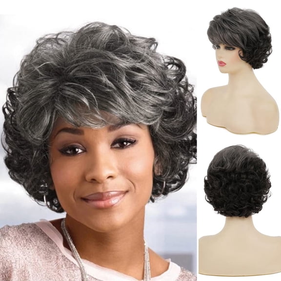 Women's Short Curly Gray Wig, Synthetic Hair Wig for Daily Wear, Halloween Costume, Themed Party, Natural Fluffy Short Wig for Mature Female