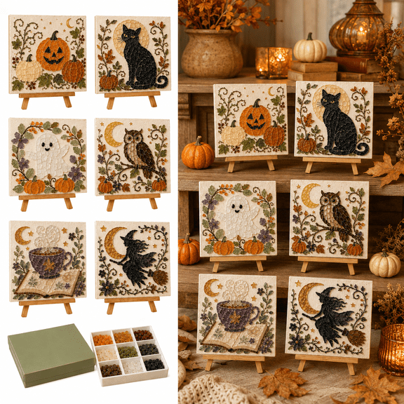 Halloween Sea Glass Art Kit for Adults, DIY Mosaic Craft Set with Frosted Glass and Display Frame, Handmade Fall Decoration and Creative Gift, Pumpkin