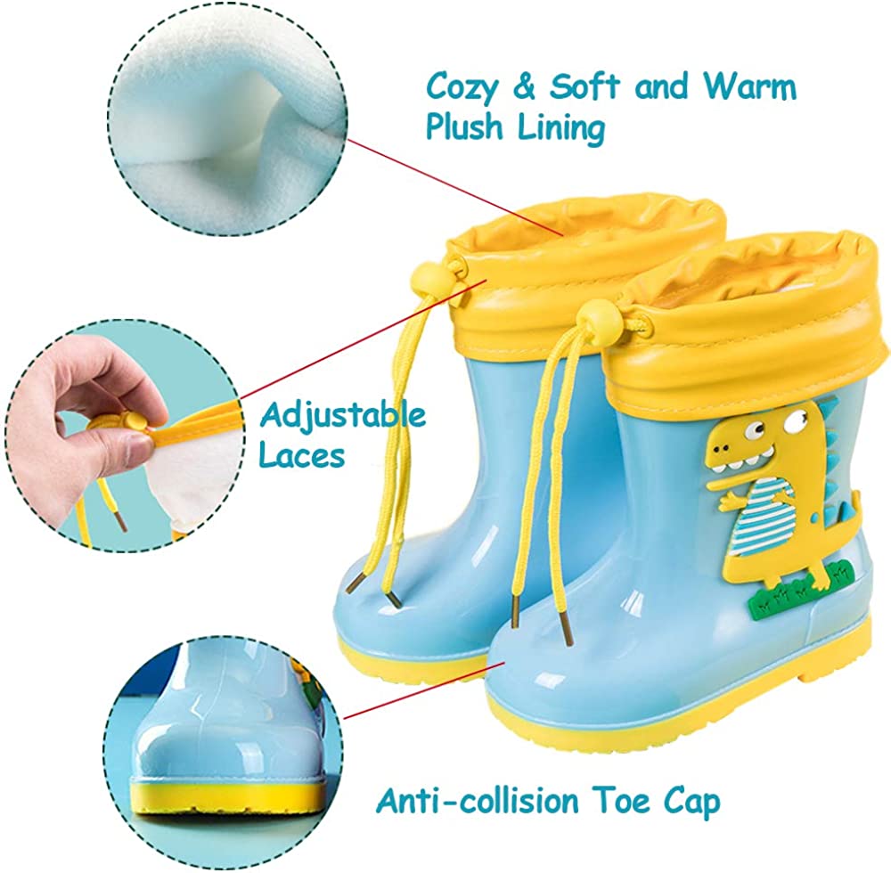 Kids Dinosaur Rain Boots Boys Girls Wellington Boots Non-Slip Cozy Unisex Children Wellies Rubber Rain Shoes