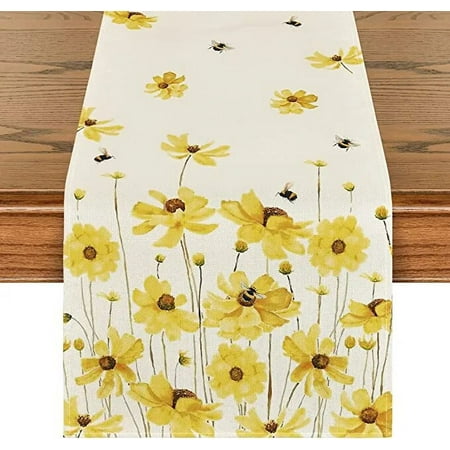

Purple Flowers Daisy Bees Spring Table Runner Seasonal Holiday Kitchen Dining Table Decoration for Home Party Indoor