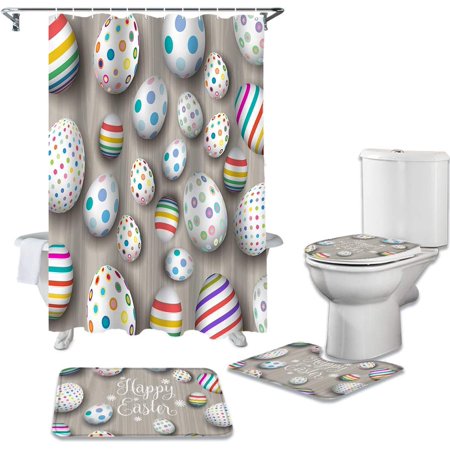 ZHANZZK Funny Printed Eggs Happy Easter Theme 4 Piece Bathroom Set Shower Curtain Bath Rug Contour Mat and Toilet Lid Cover