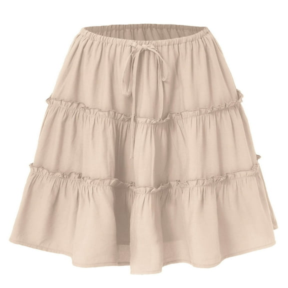 Sevevn Womens Summer Solid Color Elastic Drawstring Loose Skirt End of Year Clearance Beige S