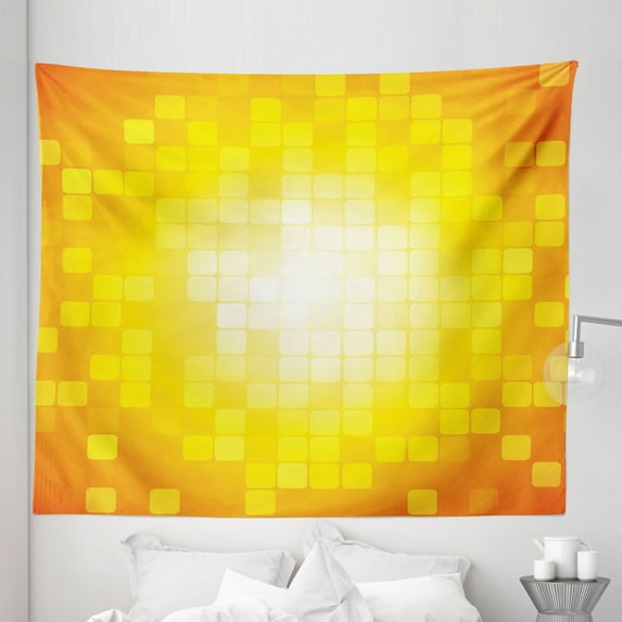 Yellow Tapestry, Mosaic Retro Square Shapes and Patterns Pixels Rays Contemporary Graphic Design, Fabric Wall Hanging Decor for Bedroom Living Room Dorm, 5 Sizes, Orange Yellow, by Ambesonne
