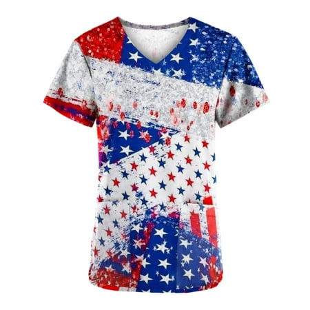 

4th of July Women Scrub Tops Shirt American Flag V Neck Shirts Casual Short Sleeve Stars Stripes Nuring Uniform T Shirt Top
