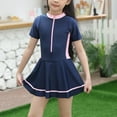 thumbnail image 3 of Xfvqtps Toddler Child Girls One Piece Swimsuit with Shorts Front Zipper Skirt Hemt Short Sleeve Sun Protection Simple Beach Rash Guard Summer Swim Shirts Bathing Suit 2-9 Years Navy, 3 of 9