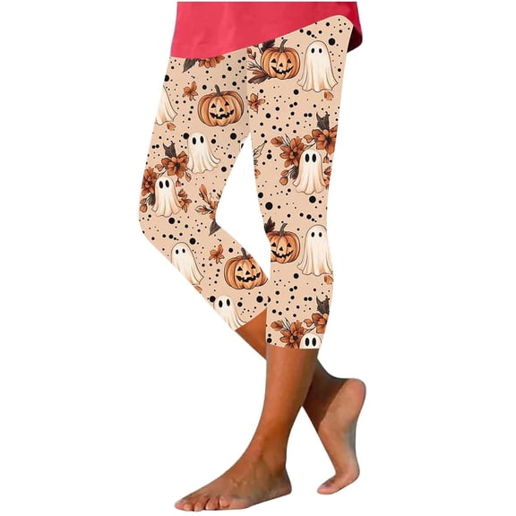 Costeam Womens Halloween High Waist Print Capri Leggings No Side Pocket Stretch Slim Fit Mid Calf Length Casual Tight Pants for Festive Daily Wear