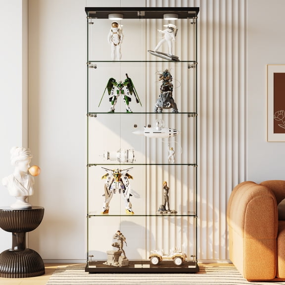 Glass Display Cabinet 5-Shelf with Door and Lock, Double Doors Storage Cabinet with LED Light, for Living Room Bedroom Office, Tempered Glass