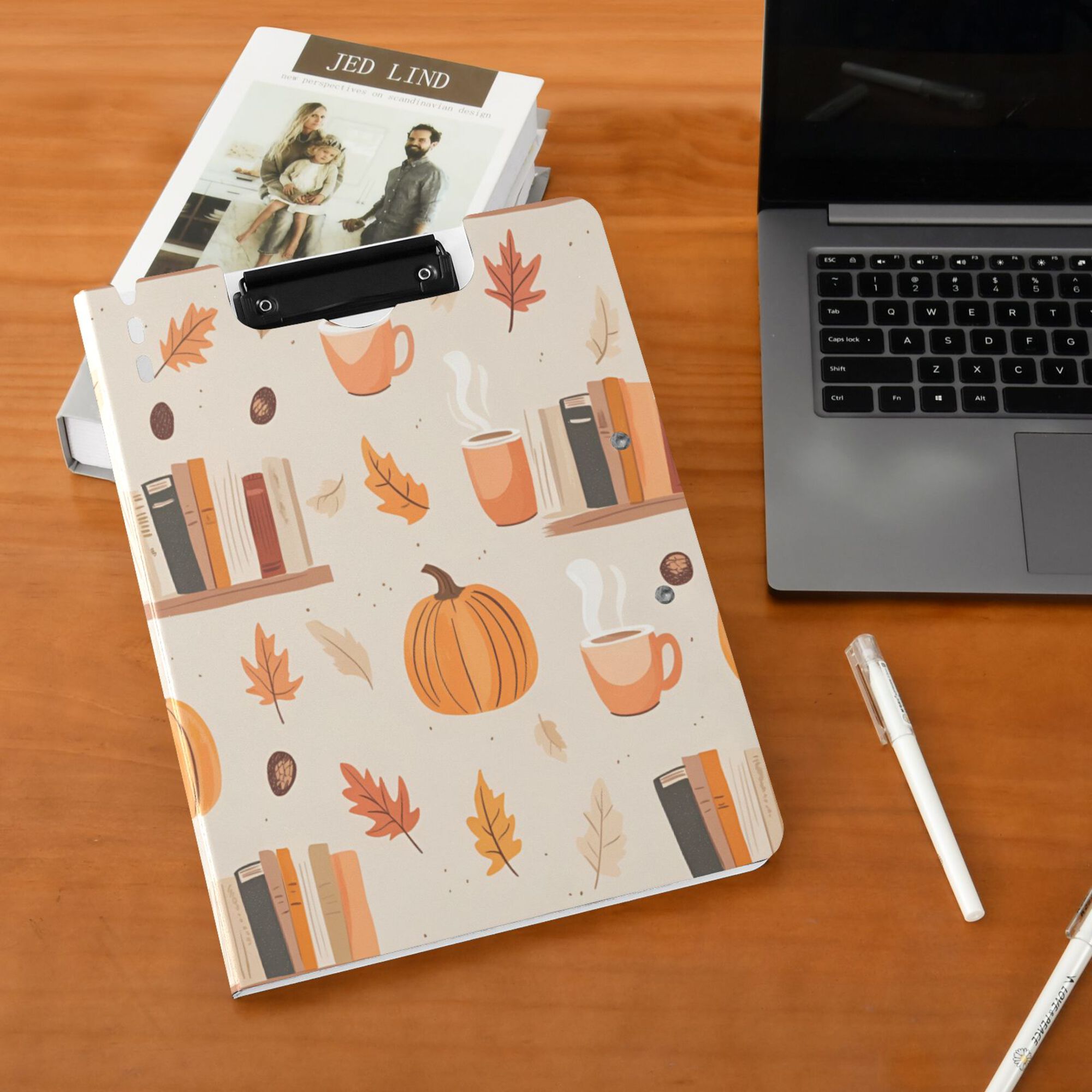 FORMRS A4 Clipboard Folder with Pen Holder Horizontal Foldable School Office Binder, Beige Fall Acorns Pattern