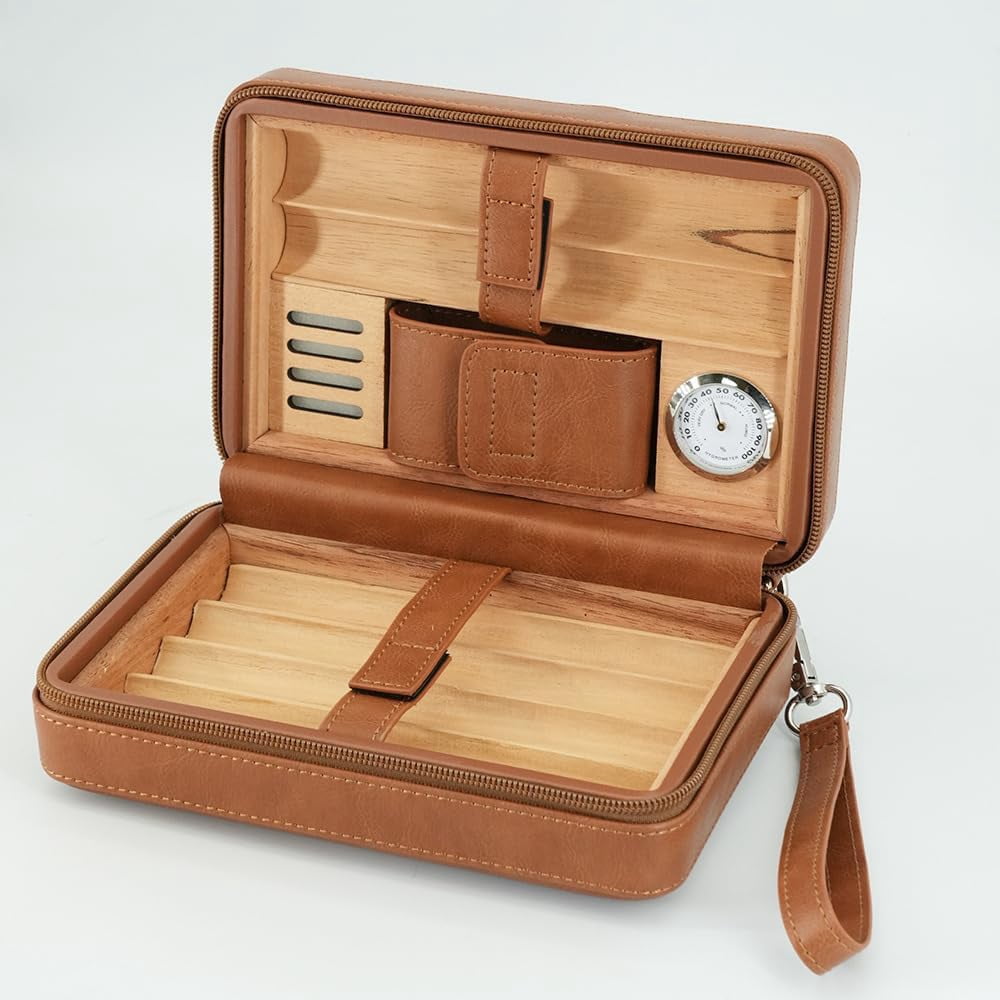 Leather Cigar Case, Portable Humidor Cigar Box With Humidifier,Capacity: 6 Pcs (brown)