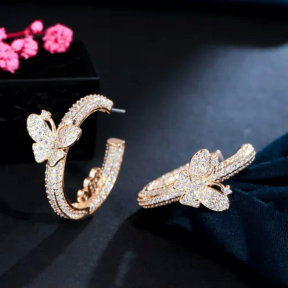 White CZ Round Double Butterfly Hoop Earrings 925 Sterling Silver Fine Jewelry