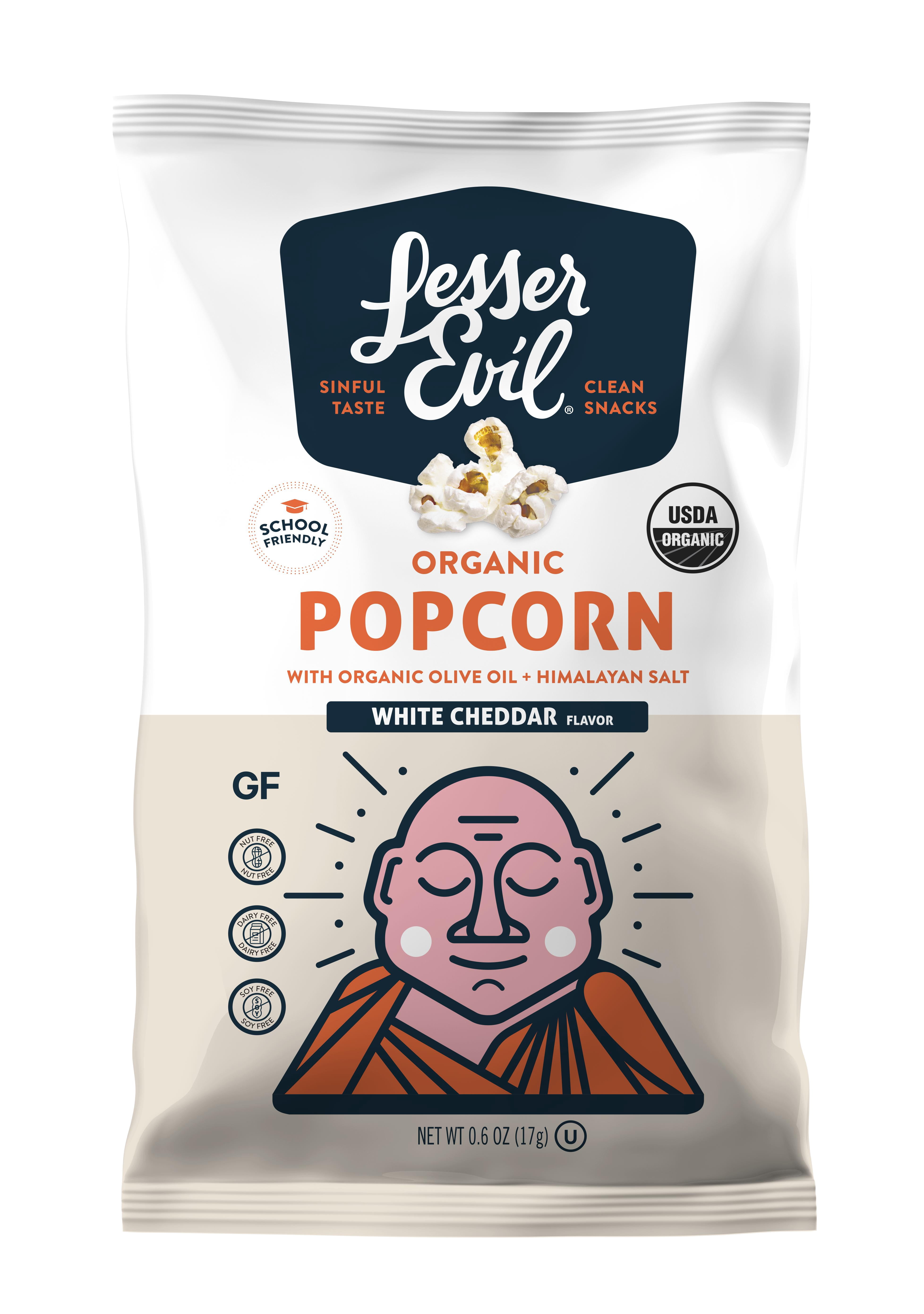 LesserEvil Organic Vegan White Cheddar Popcorn, Kosher, Dairy-Free, 12 Ct Bags
