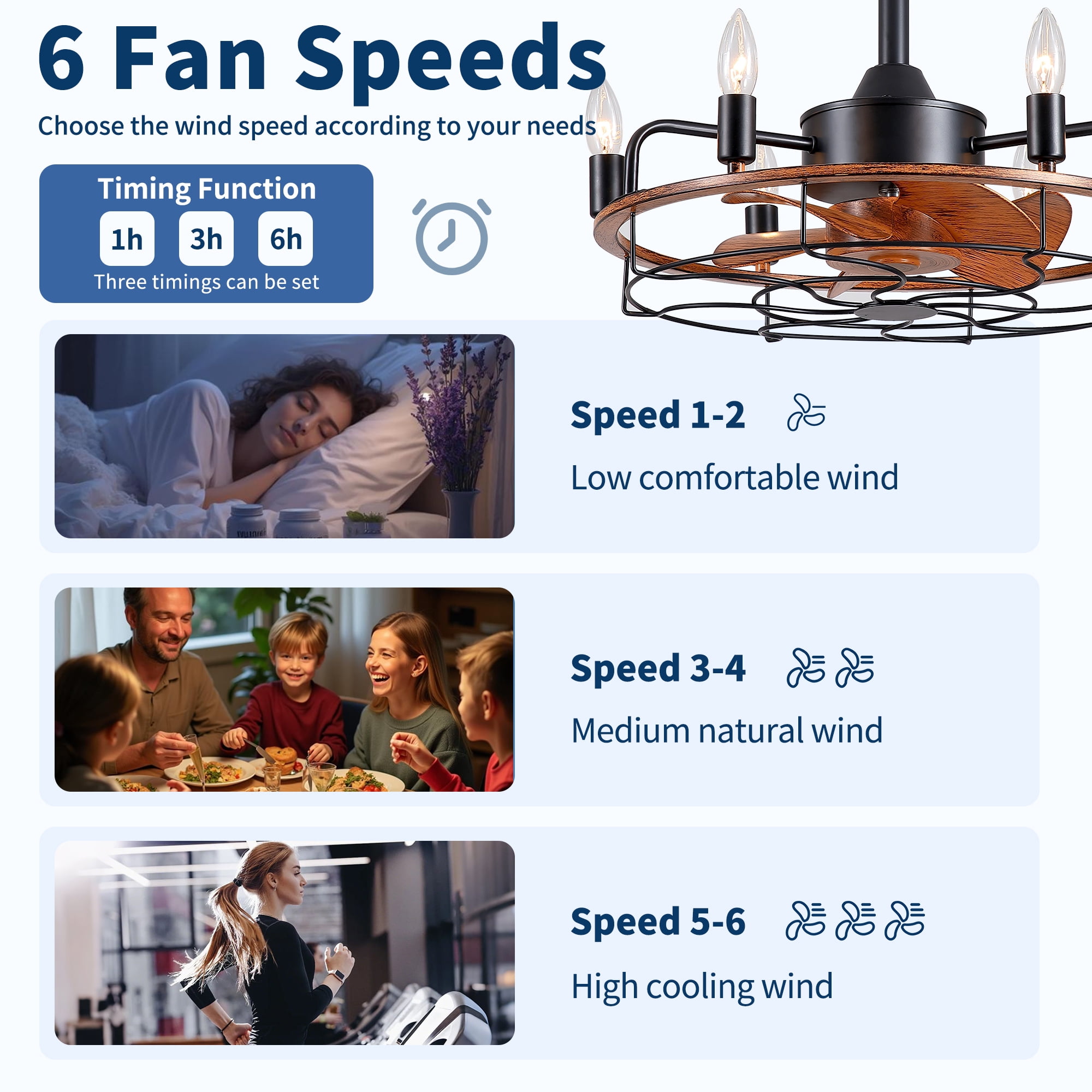 Leumius 20" Modern Farmhouse Ceiling Fan, Wood Grain Rustic Fandelier with E12 Sockets, Adjustable Hanging, Reversible DC Motor, 6 Speeds Remote Control Ceiling Fan for Dining Room Kitchen Bedroom