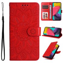 Wallet Case for iPhone 15 Flower Embossed Pattern Purse Case, PU Leather Flip Cover with Card Holder and Kickstand, Silicone Full Body Shockproof Magnetic Clasp Protection Case, Red
