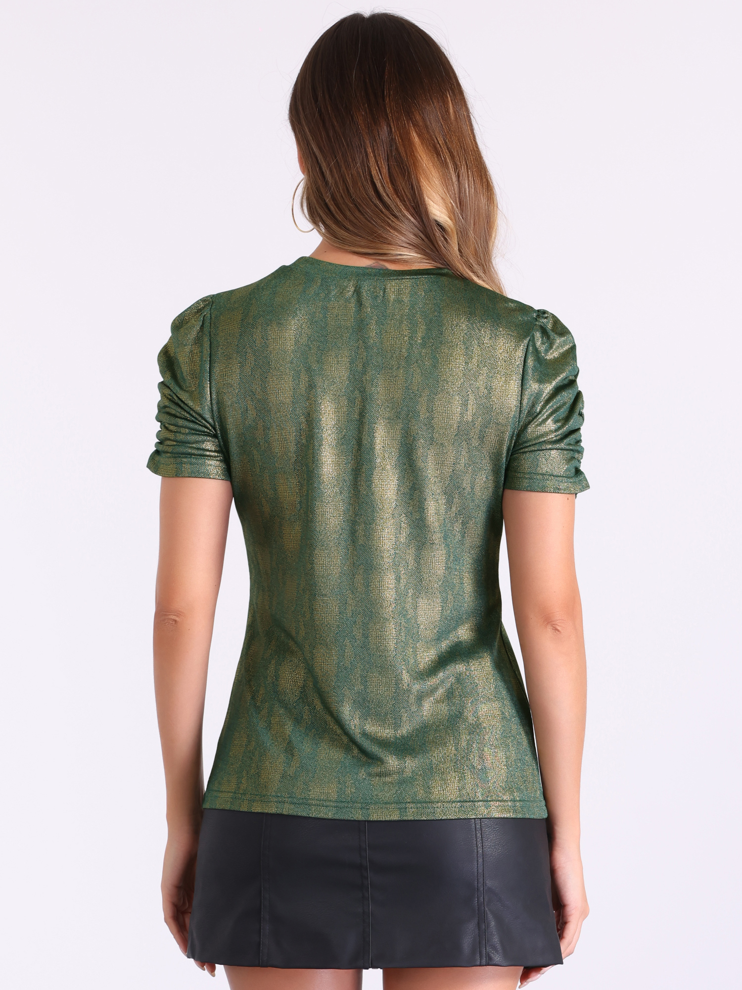DARING DIVA Women's Twist Round Neck Puff Sleeve Stretch T-Shirt S Green Gold
