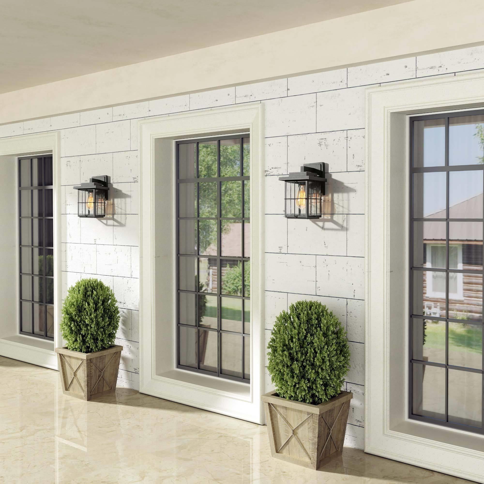 LNC Black Transitional Outdoor Wall Sconce(2 Pack),LED Exterior Wall Light with Seeded Glass