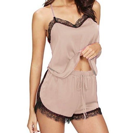 

Mishuowoti Women Sleepwear Sleeveless Strap Nightwear Lace Trim Satin Cami Top Pajama Sets