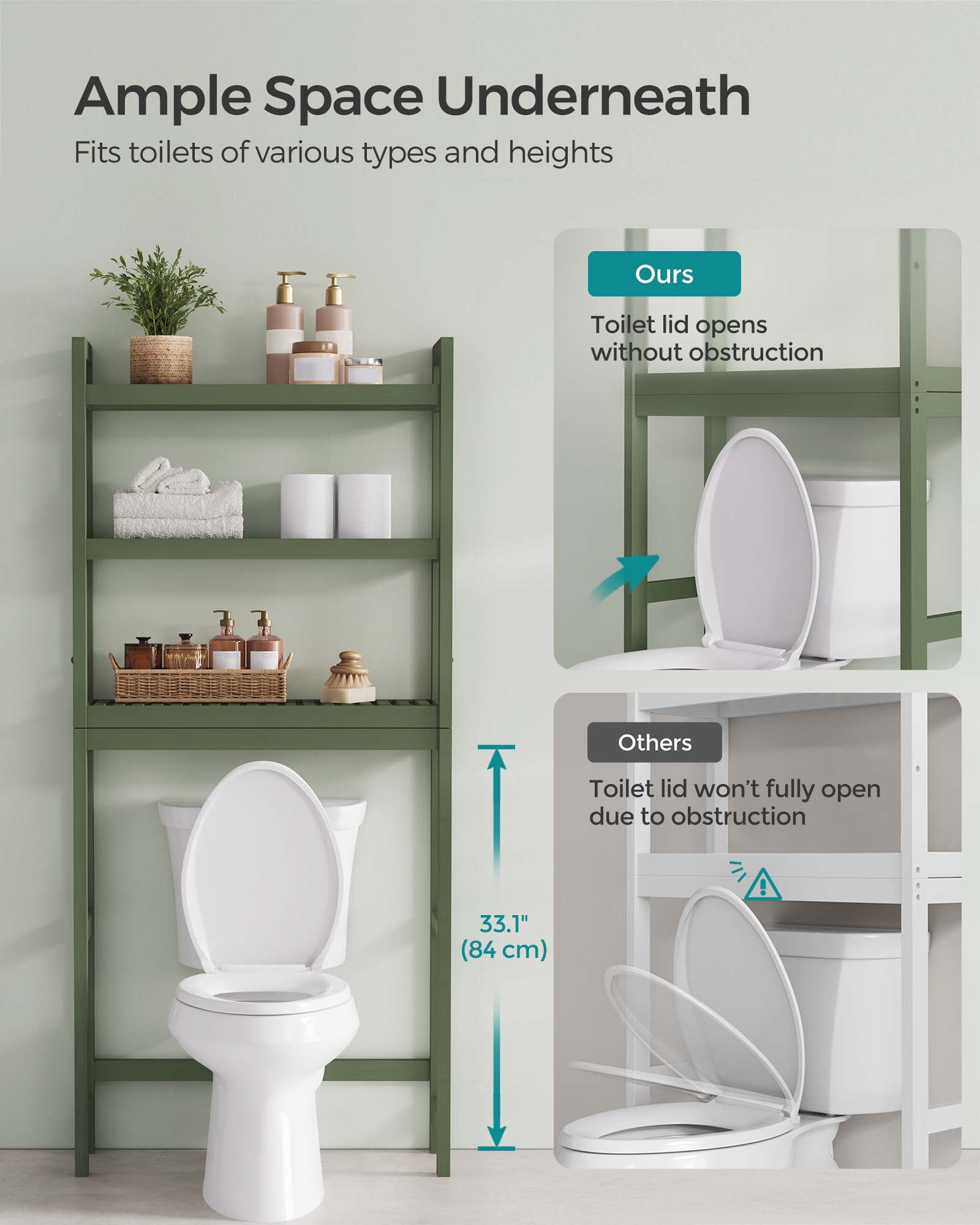 3-Tier Over The Toilet Storage Bamboo Over Toilet Shelf Bathroom Storage Organizer with Adjustable Shelf, Forest Green