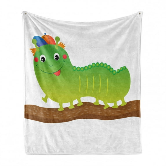Caterpillar Soft Flannel Fleece Blanket, Green Bug with a Cap Walking on a Branch Baby Animal Illustration, Cozy Plush for Indoor and Outdoor Use, 60" x 80", Apple Green Brown Orange, by Ambesonne