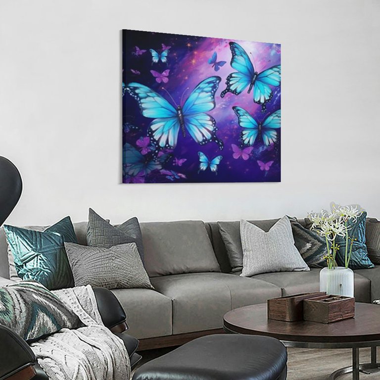Purple Blue Luminous Painting Large Blue Butterfly Canvas Wall Art ...