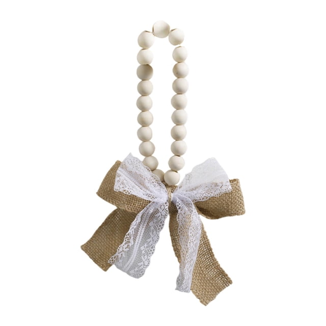 Colgante de cuentas de madera decorativo rústico con lazo de lino para colgar en la pared del hogar encaje blanco