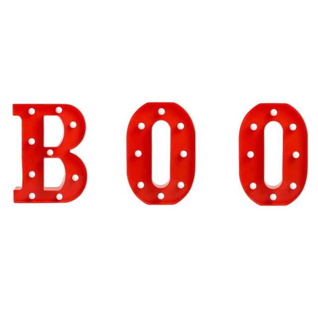 Decoraciones de Halloween para interiores: 4 letras LED iluminadas, letreros de marquesina con la frase Boo y Ghost para decoración de pared de cocina y sala de Halloween, letras de marquesina de