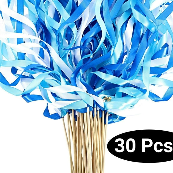 LQQBOX 30 Pieces Mix Color Ribbon Sticks with Bell Fairy Stick Party Streamers for Wedding Party(Blue)